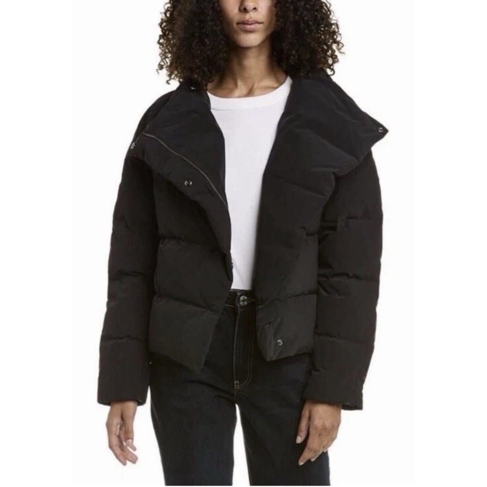 Theory Offset Puffer Jacket Black Asymmetrical Down Fill Coat Sz L Women's